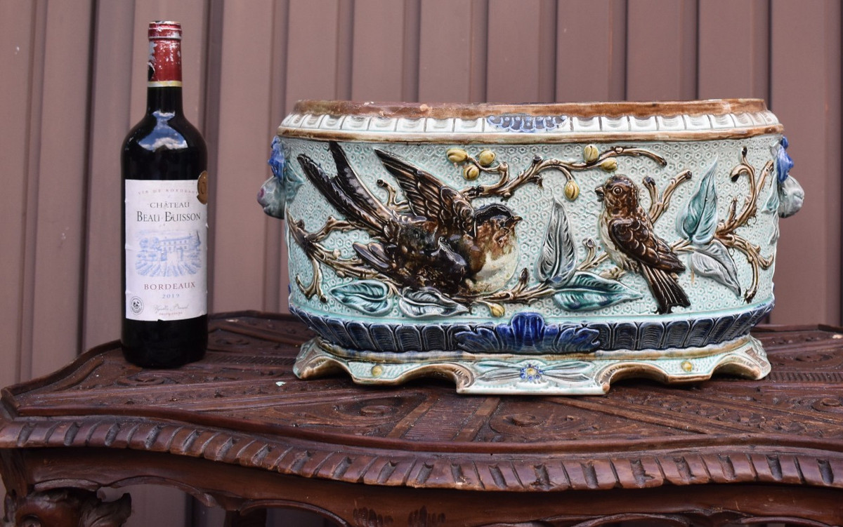 Antique 1900s XL barbotine majolica birds decor planter jardiniere | eBay US