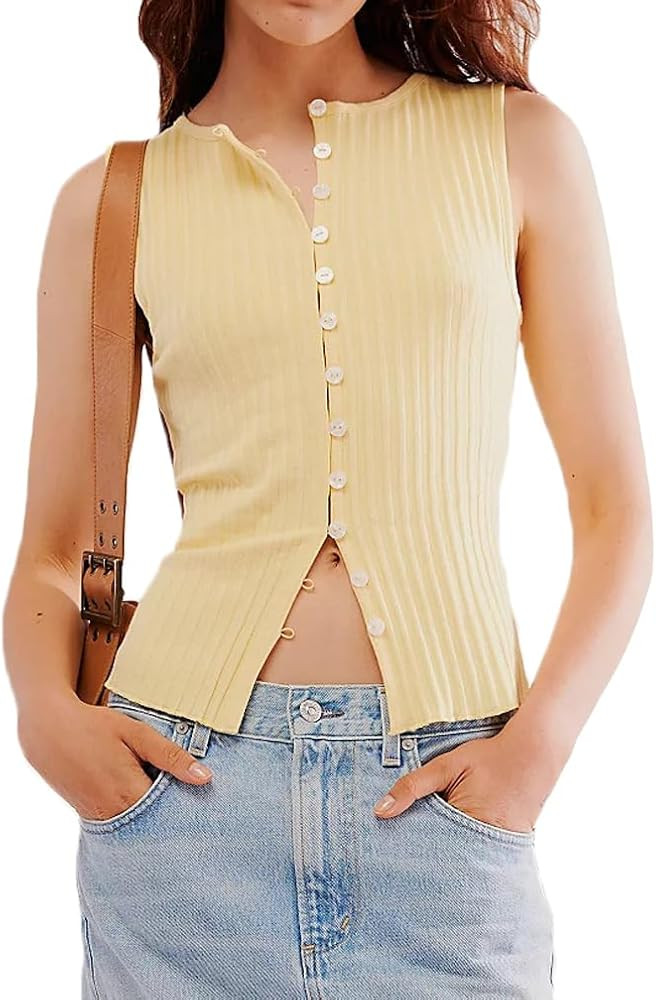Women Button Down Ribbed Knit Tank Top Summer Slim Fit Sleeveless Round Neck Button Up Tank Vest ... | Amazon (US)