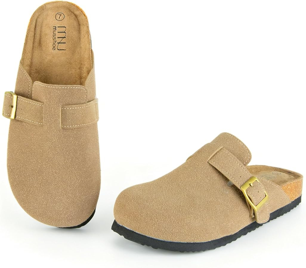 MUSSHOE Genuine Suede Clogs for Women: Slip-On Leather Mules with Cork Footbed - Comfort Potato S... | Amazon (US)