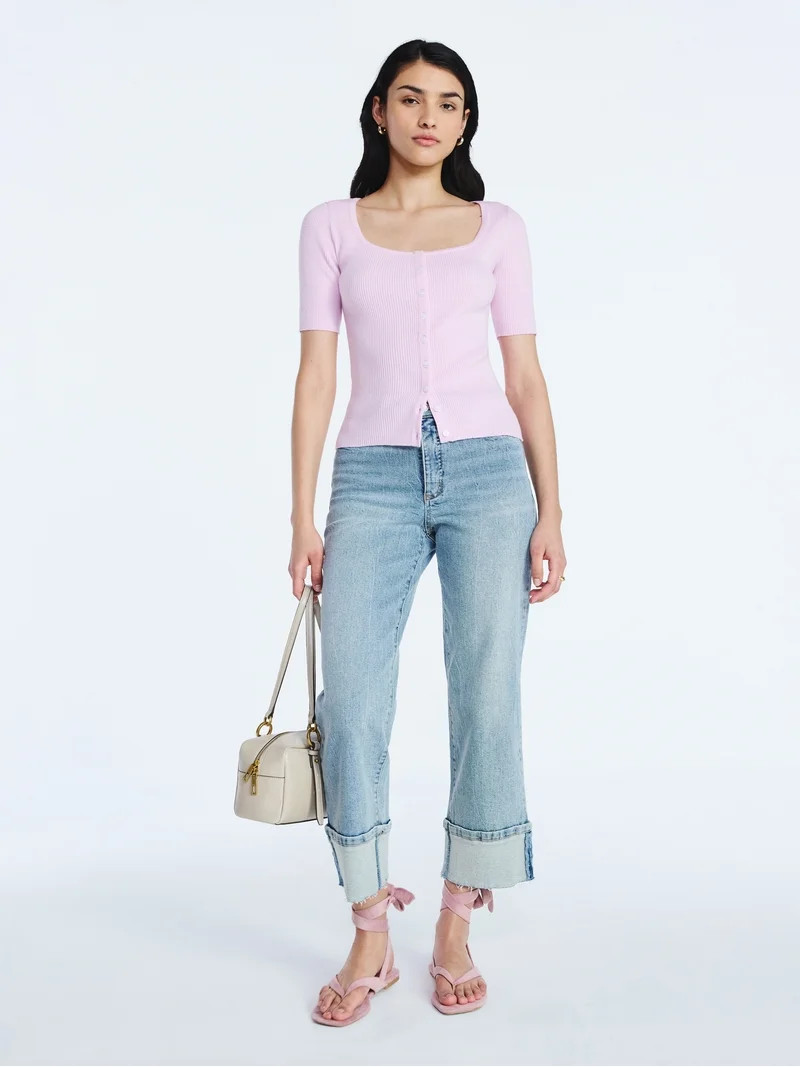 Scoop Women's Square Neckline Cardigan Sweater with Short Sleeves, Lightweight, Sizes XS-XXL | Walmart (US)