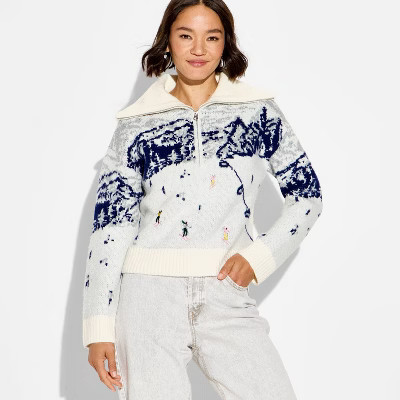 Women's Polo Collar Quarter Zip Novelty Pullover Sweater - Wild Fable™ Off-White Landscape M | Target