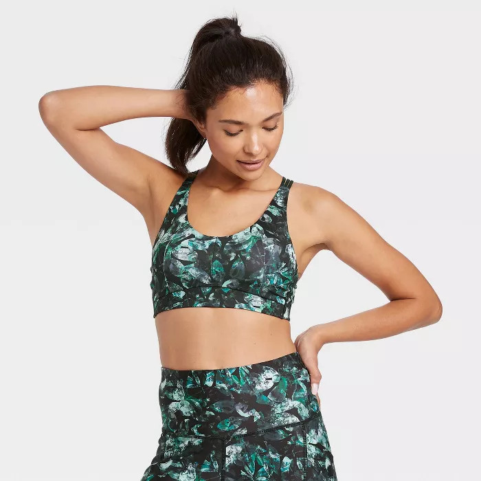 Women's Leaf Print Medium Support Strappy Back Bra - All in Motion™ Green | Target