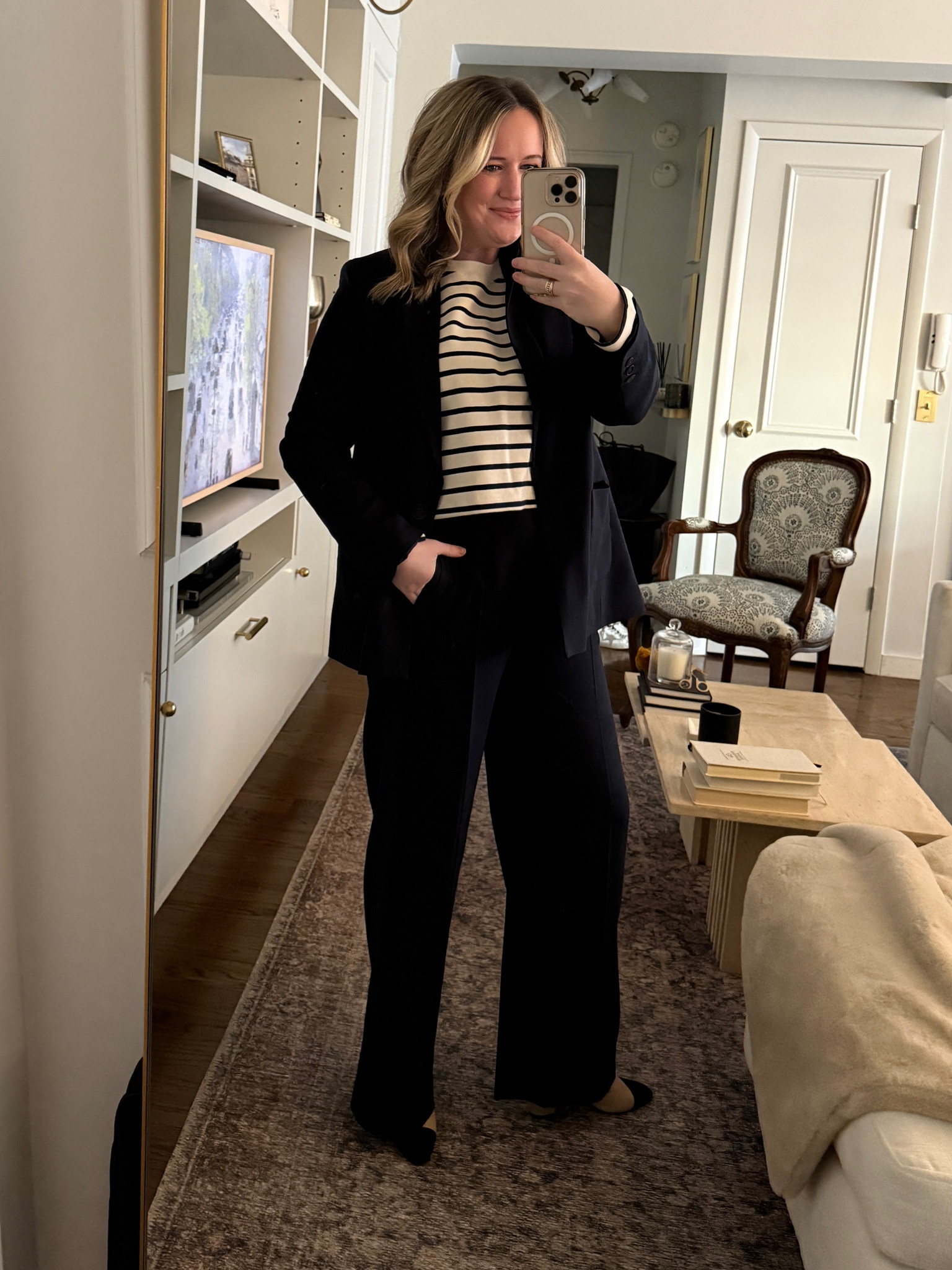 Sézane suiting outfit
Size 6 blazer 
Size 8 trousers
Size M striped tee
Obsessed with the fabric of this suit!! 

#LTKSeasonal