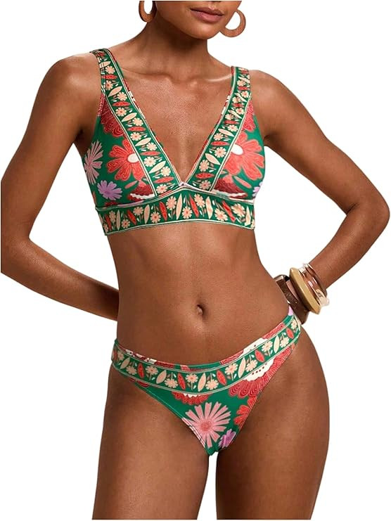 MakeMeChic Women's Floral Bikini Sets Triangle V Neck High Cut Boho 2 Piece Swimsuit | Amazon (US)