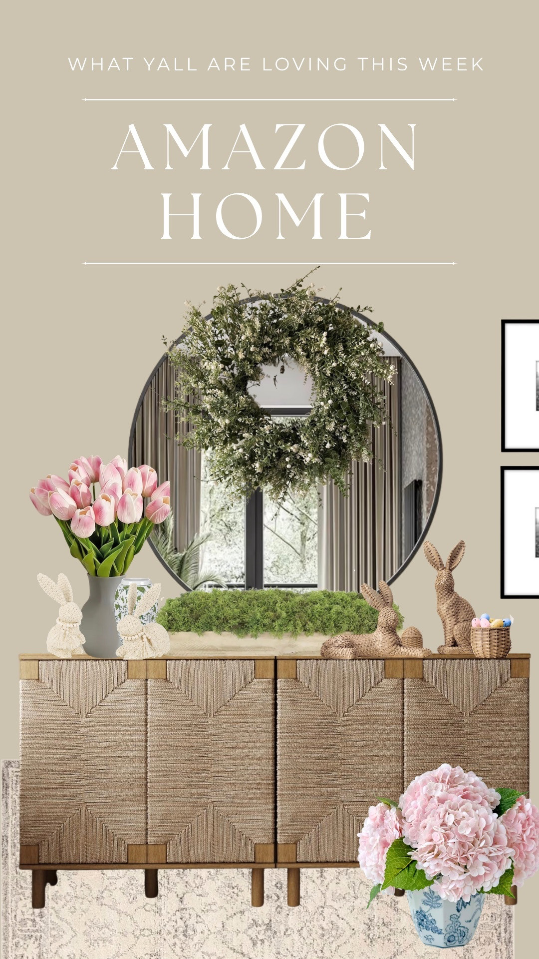 Just a few of my favorite home decor items from Amazon. Perfect for a spring refresh. 
• 
• 
• 
artificial flowers, decorative bowls, mirrors, greenery wreath, moss, bunny decor, sideboard cabinet, home accents 

 

#LTKHome