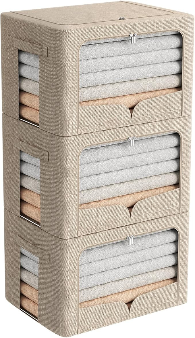 FHSQX 3 Pack Clothes Storage Bins Foldable Metal Frame Storage Box Stackable Linen Fabric Organiz... | Amazon (US)