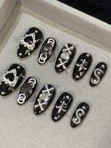 Dark Spice Style 10 pieces of almond rhinestone decorated fake nails. Suitable for parties, birth... | SHEIN