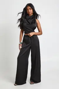 Black Satin Drawstring Waist Wide Leg Trousers | Boohoo | Boohoo.com (UK & IE)