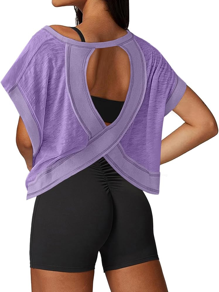 UNIANKIYA Open Back Workout Tops for Women Loose Fit Athletic Crop Tee Short Sleeve Gym Running Y... | Amazon (US)