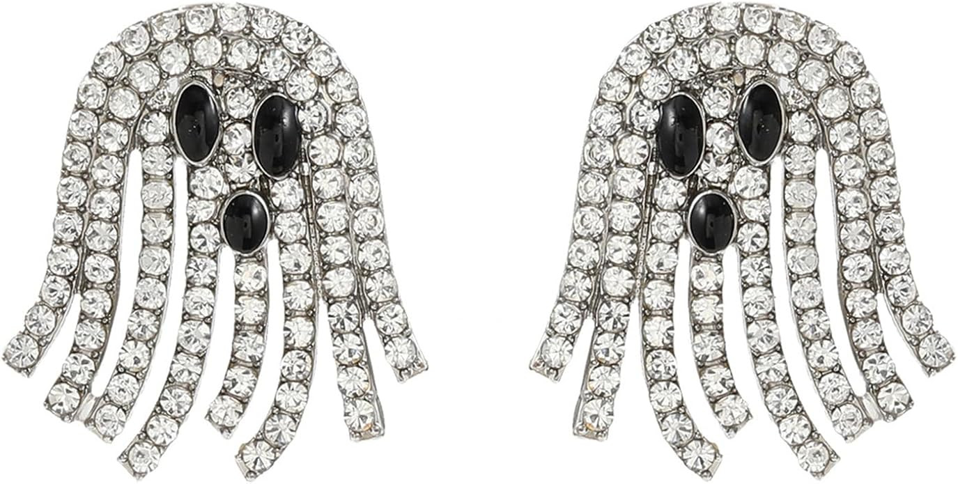 Ghost Stud Earrings for Women Cartoon Gothic Sparkly Crystal Skull Earrings White Rhinestone Irid... | Amazon (US)