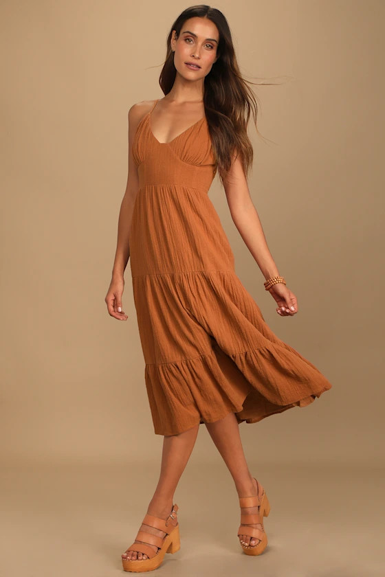 Bliss Abound Rust Brown Tiered Midi Dress | Lulus (US)