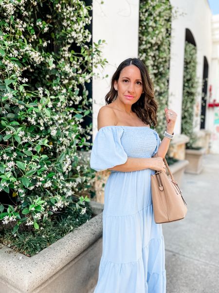 Pretty light blue dress, taupe handbag, and gold heart 💛 
necklace. 
This necklace would be a great Mother’s Day gift or new grad gift  
#ltkpetite 
#kendrascott 
#kendrascottnecklacs

#LTKfindsunder100 #LTKitbag #LTKover40