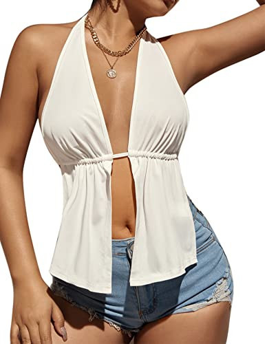 VIDUSSA Women's Sexy Halter Tops Backless Club & Night Out Crop Tank Top Shirt White M | Amazon (US)