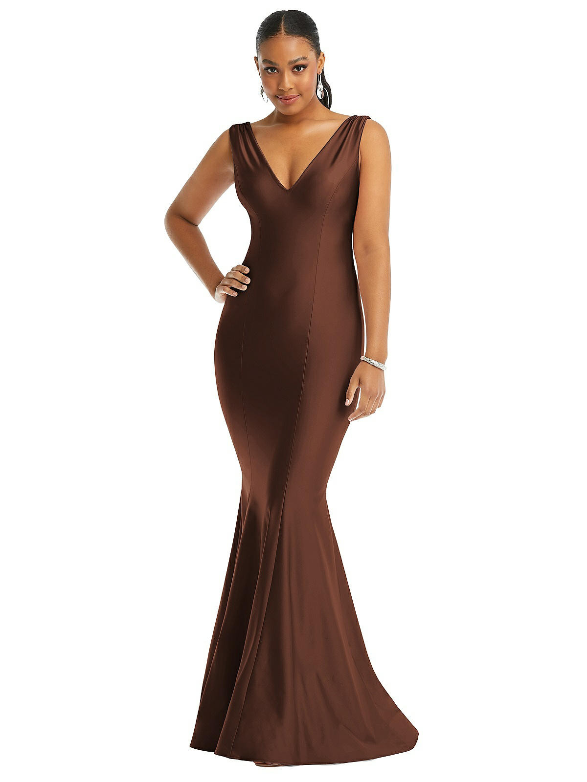 Shirred Shoulder Stretch Satin Mermaid Dress with Slight Train in Cognac | Dessy Group