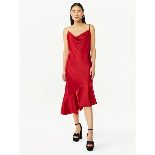 Scoop Women’s Asymmetrical Satin Ruffle Cami Dress, Sizes XS-XXL | Walmart (US)