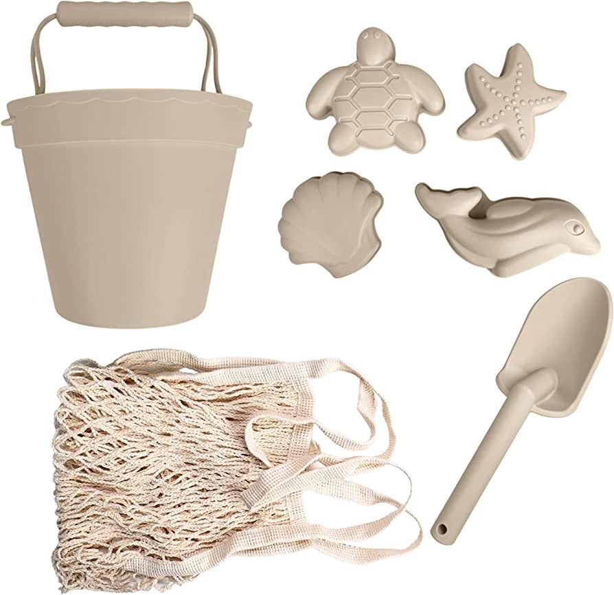 Silicone Beach Toys - Modern Baby Travel Friendly Beach Set | Bucket, Shovel, 4 Sand Molds, Bag |... | Amazon (US)