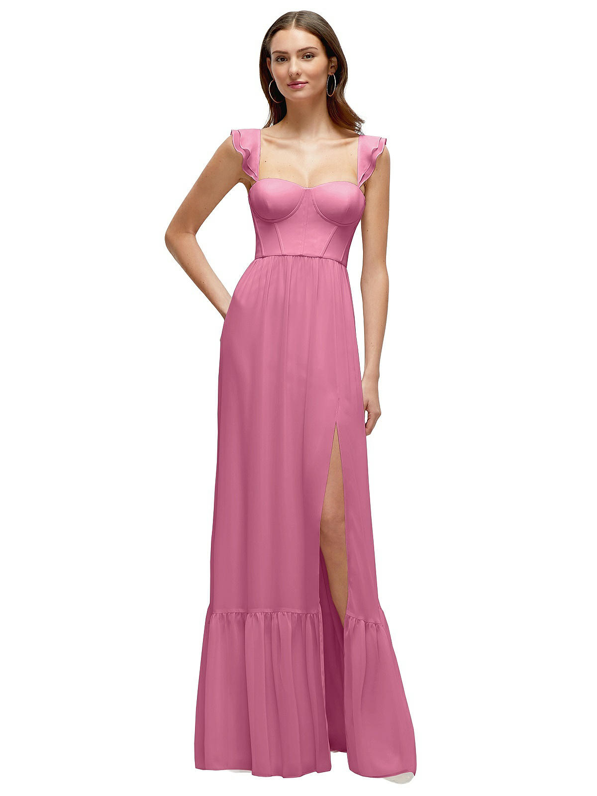 Ruffle Strap Chiffon Bustier Maxi Dress with Ruffle Hem A-Line Skirt in Orchid Pink | Dessy Group