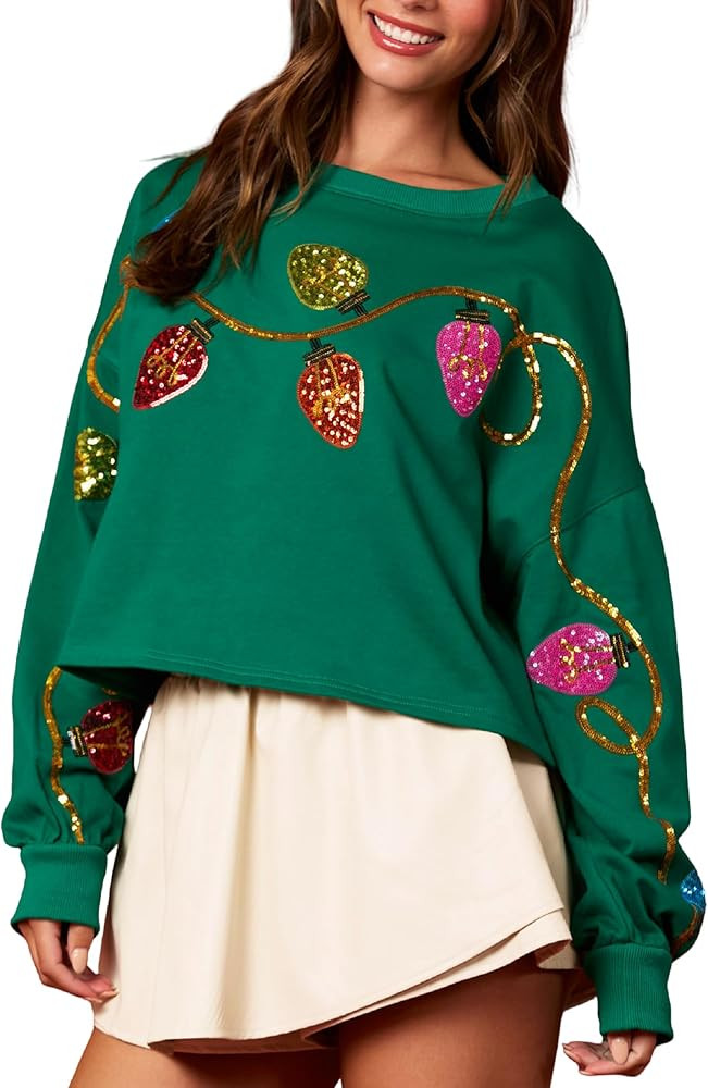 NUFIWI Christmas Cropped Sweatshirt for Women Colorful Funny Santa Long Sleeve Pullover Glitter X... | Amazon (US)
