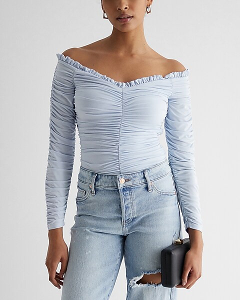 Body Contour Compression Off The Shoulder Ruched Thong Bodysuit | Express