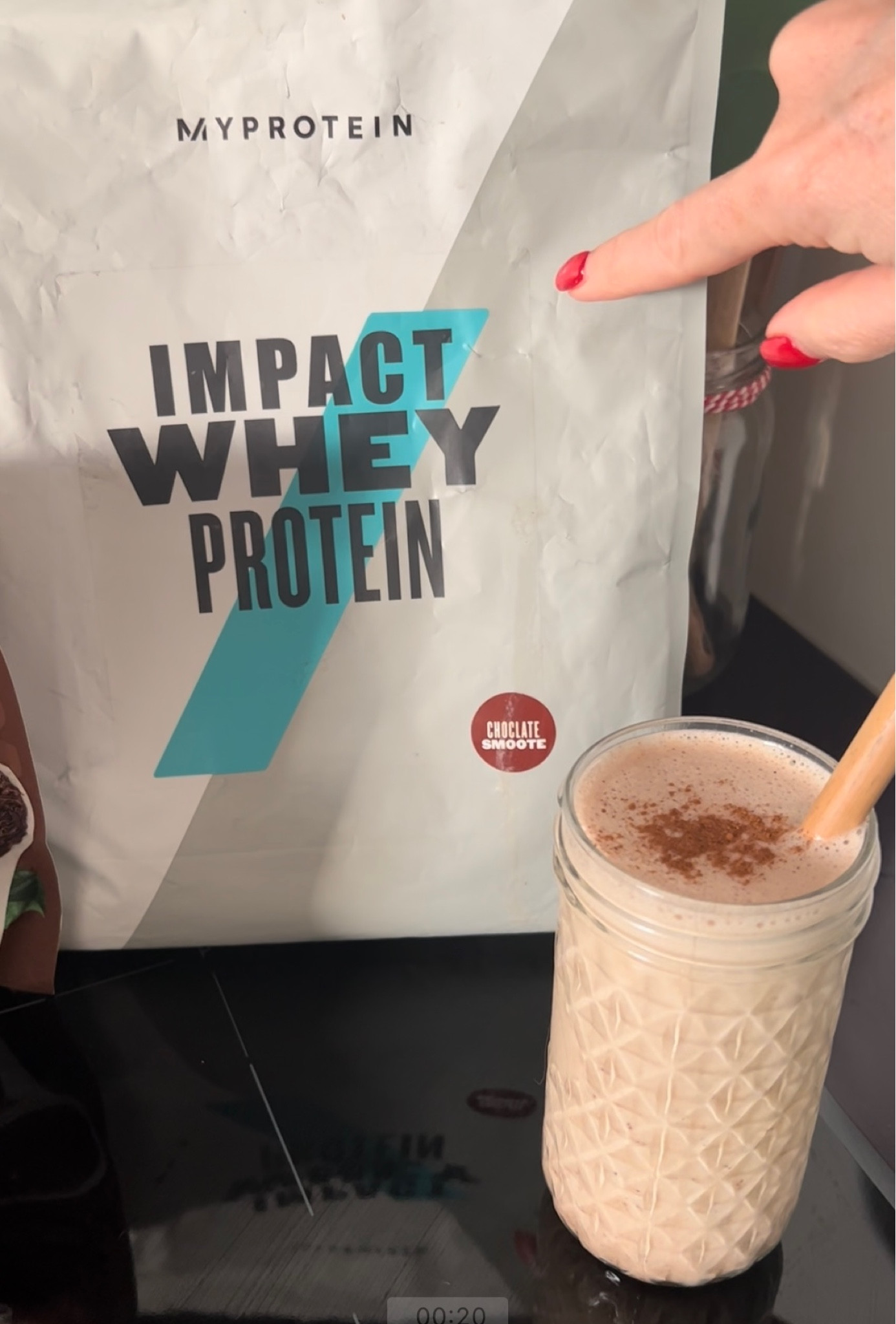 Chocolate Almond ButterProtein Shake. 1 cup water, 1 cup ice, 1 scoop chocolate protein powder, 2 tablespoons almond butter, 1 tablespoon cocoa nibs, dash of cinnamon. 

#LTKcurves