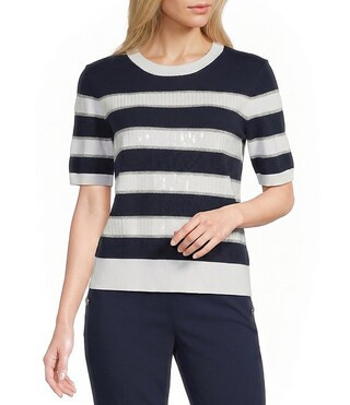 KARL LAGERFELD PARIS Ribbed Knit Striped Round Neck Short Sleeve Top | Dillard's | Dillard's