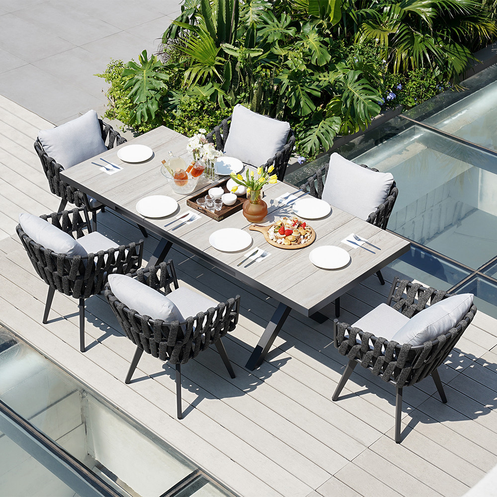 7-PCS Extendable Outdoor Dining Set with Ceramic Top Table Woven Armchairs, Patio & Yard Extendable Outdoor Dining Table for 6 Person | Homary