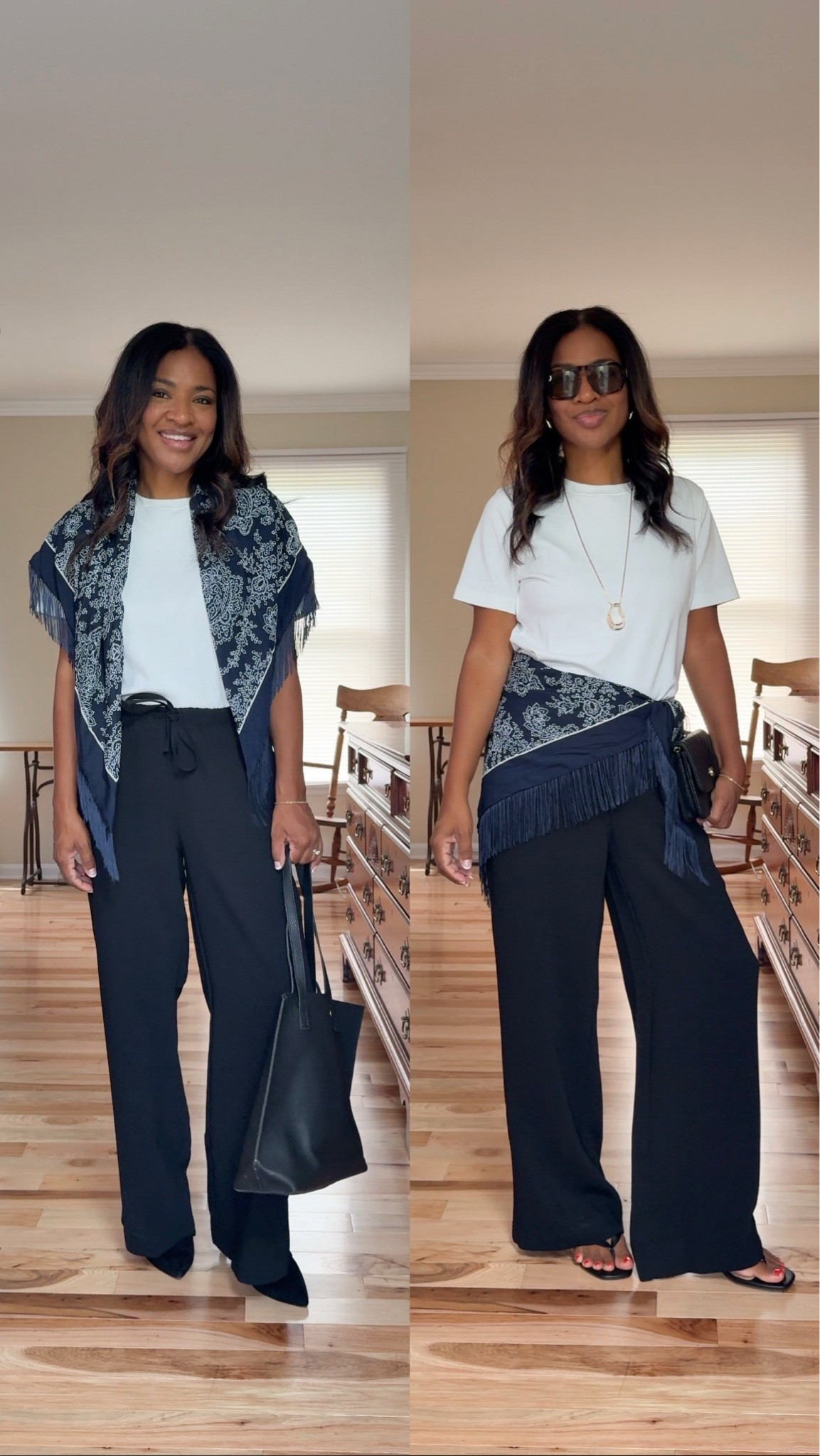 Walmart paisley print fringe scarf worn two ways! One for the office and the other for a dinner out! My pants are a size small and so is my t shirt.

#LTKootd #LTKOver40 #LTKgrwm