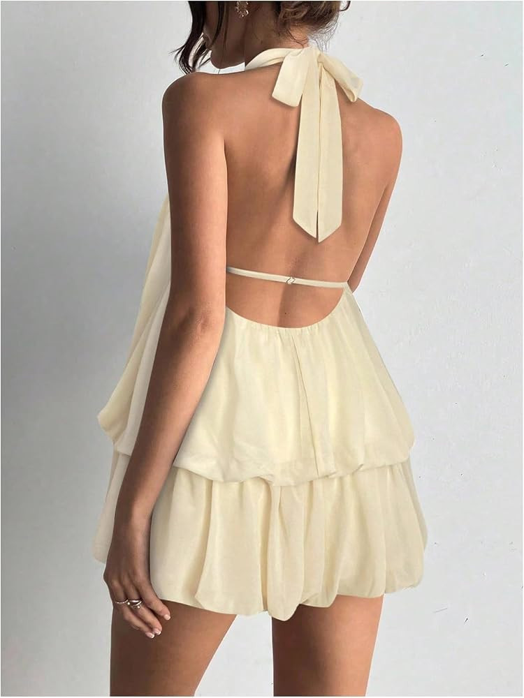 Floerns Women Backless Sleeveless Ruffle Bubble Hem Mesh Halter Mini Dress | Amazon (US)