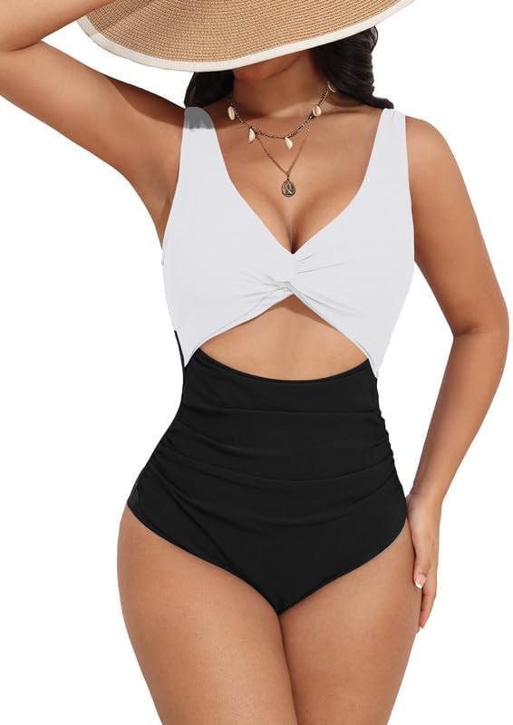 AI'MAGE Women's One Piece Swimsuit High Waisted Bathing Suit Cutout Monokini V Neck Swimwear | Amazon (US)