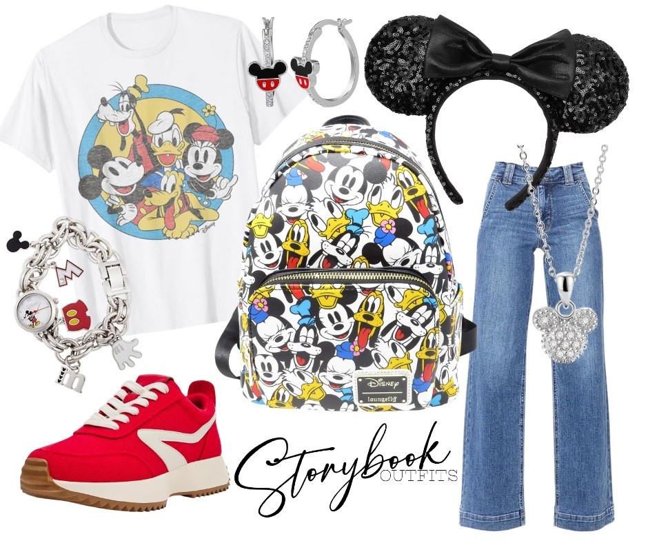 The gang’s all here — and this outfit’s bringing the happiest vibes on Earth!
This Mickey & Friends look is full of color, nostalgia, and pure Disney joy.
The Loungefly backpack featuring the whole crew? Instant smile material.
Classic black Minnie ears + sparkly Mickey jewelry? Totally timeless.
And those red sneakers? A pop of fun that even Mickey would approve!Perfect for park-hopping or just spreading a little magic in your day
