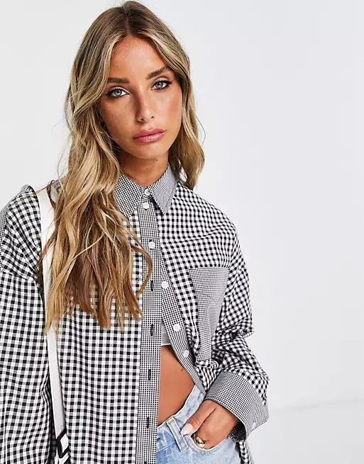 Topshop oversized gingham check patch shirt in monochrome | ASOS (Global)