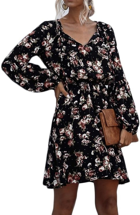 ROVLET Women's Floral Chiffon Dress Long Sleeve V Neck Ruffle A line Swing Boho Mini Dresses Part... | Amazon (US)