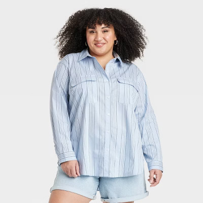Women's Long Sleeve Relaxed Button-Down Shirt - Ava & Viv™ Blue Striped XXL: Cotton Blend, Front Placket, Patch Pocket | Target