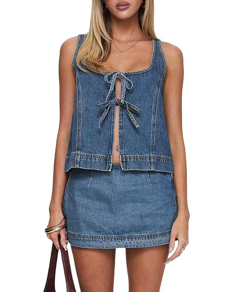 Women 2 Piece Denim Outfits Y2k Sleeveless Tie-up Front Tank Tops and Low Waist A-line Wrap Mini ... | Amazon (US)