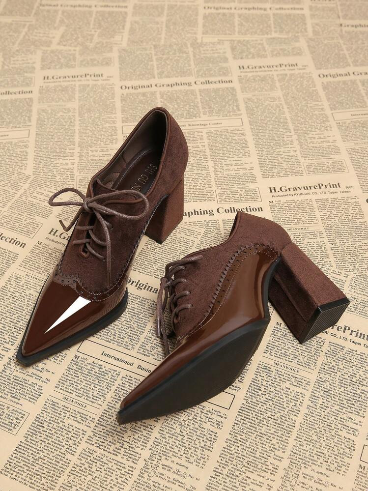 2025 Spring New Pointy Toe Slip-On High Heel Shoes, Elegant Minimalist Fashion Women's Shoes, Brown Lace-Up Brogued Carved Floral Pattern English Style Thick Heels, All-Season Casual Solid Color High-Quality Hot-Selling | SHEIN