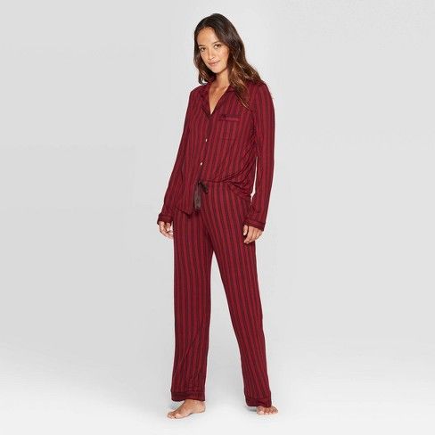 Women's Striped Beautifully Soft Notch Collar Pant Set - Stars Above™ Burgundy S | Target