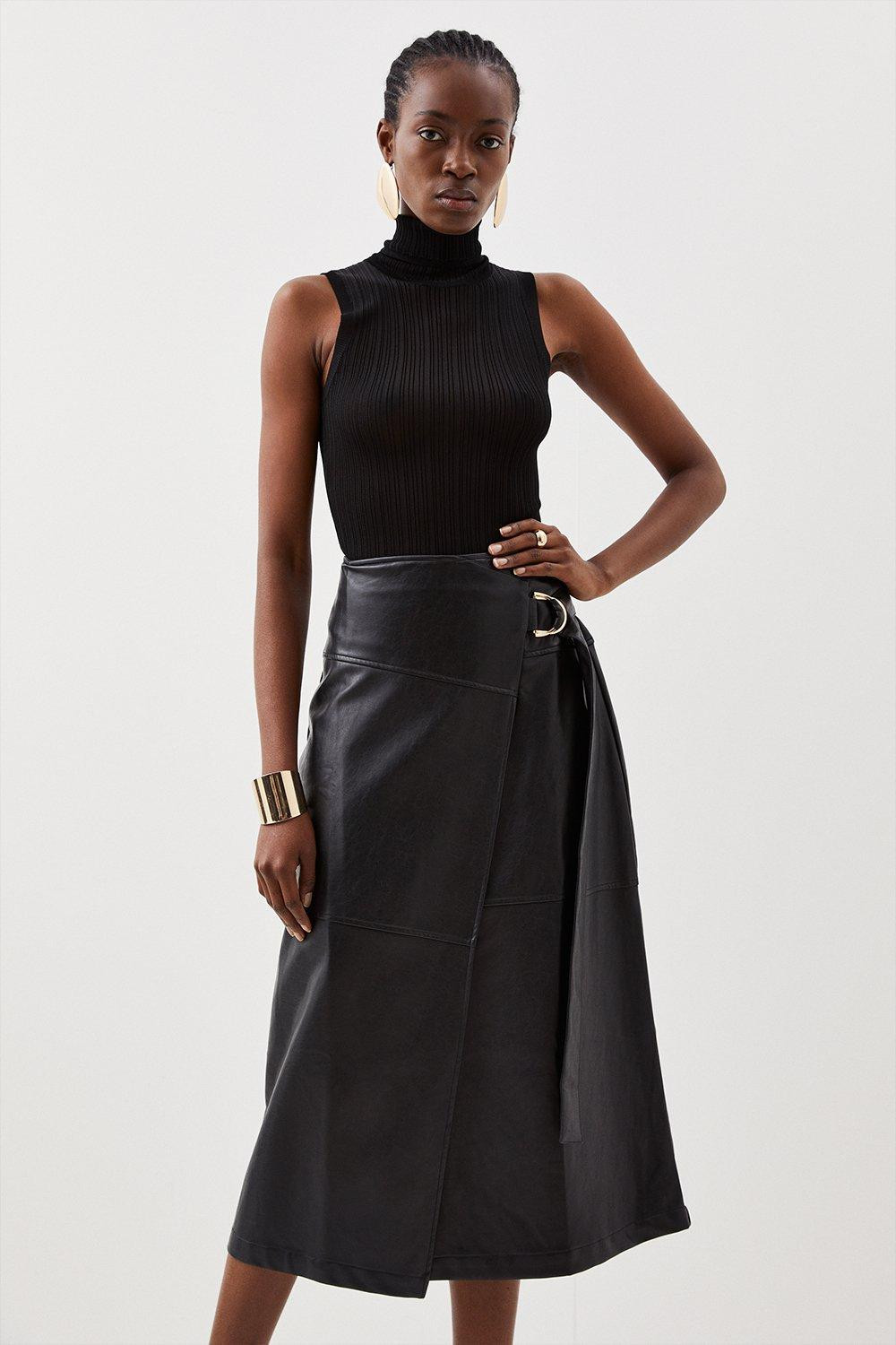 Faux Leather Tie Detail Wrap Midi Skirt | Karen Millen UK + IE + DE + NL