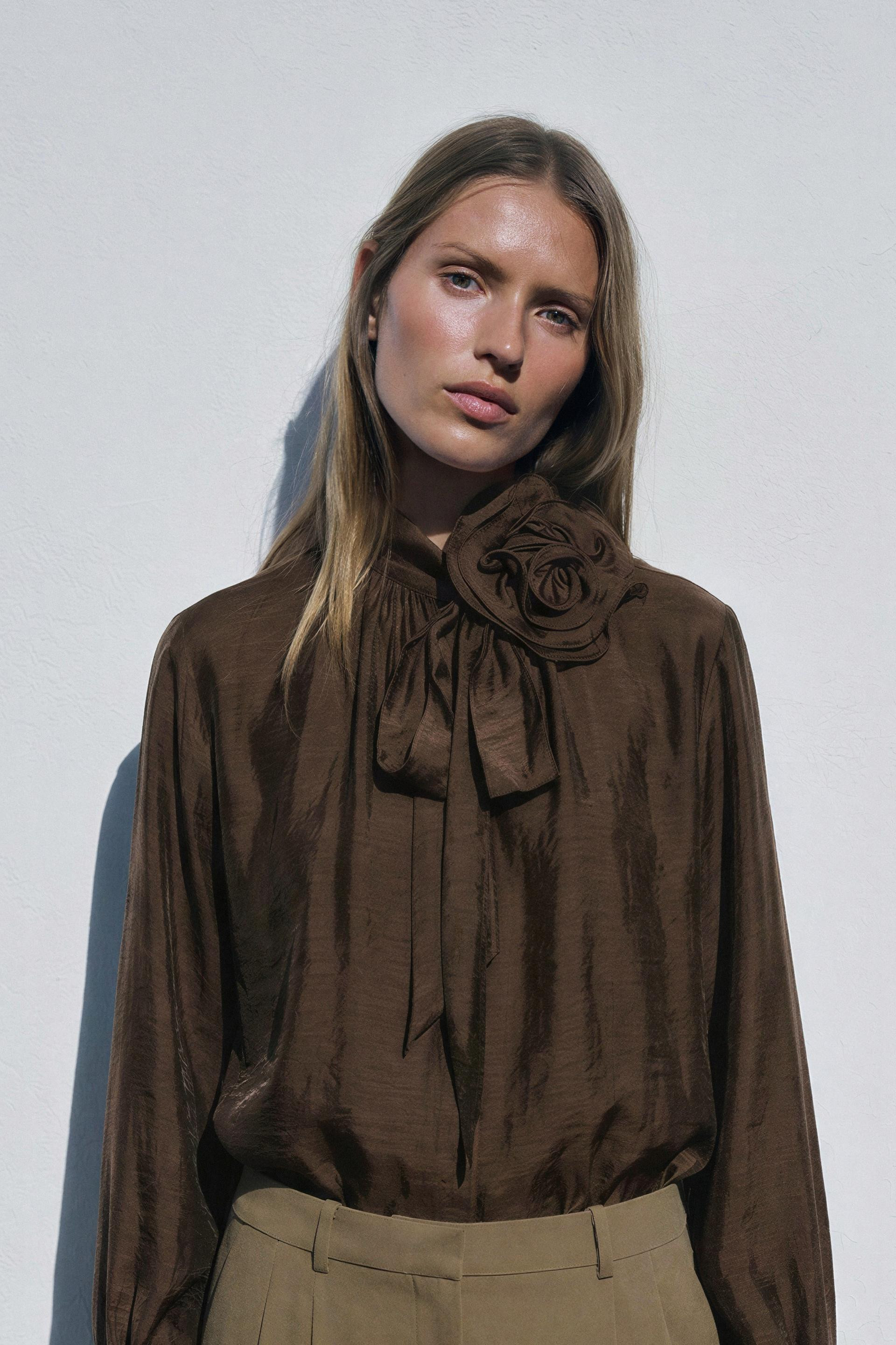 Zara - Floral Textured Blouse - Brown - Xl - Woman | Zara US