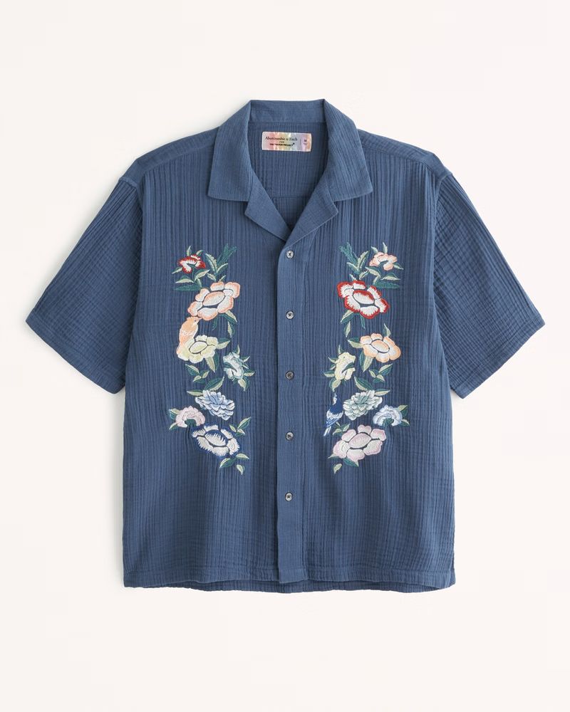 Abercrombie & Fitch Men's Pride Camp Collar Gauzy Button-Up Shirt in Blue With Embroidered Floral -  | Abercrombie & Fitch (US)