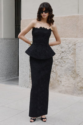 Delvine | Black Lace Bandeau Corset Maxi Dress | Club L London