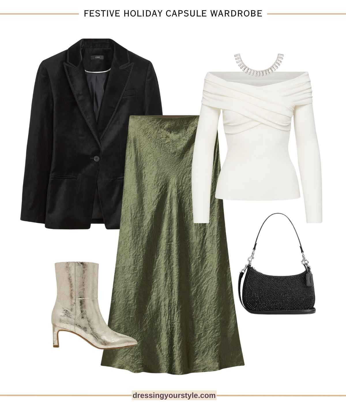 Olive green, black and white Holiday party outfit from the festive capsule wardrobe. Green satin skirt, velvet blazer, metallic ankle boots  

#LTKSeasonal #LTKHoliday #LTKParties