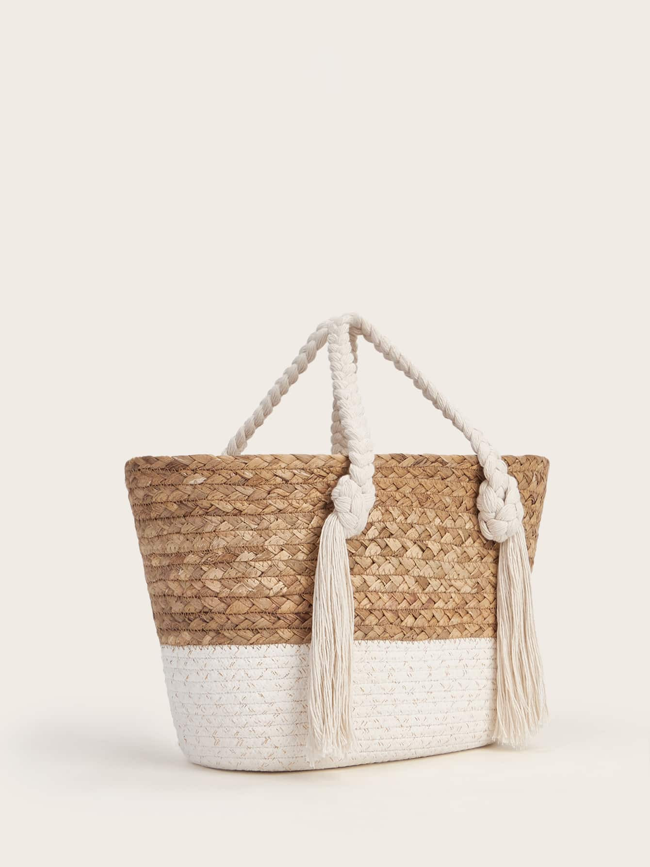 Tassel Decor Colourblock Straw Bag | SHEIN