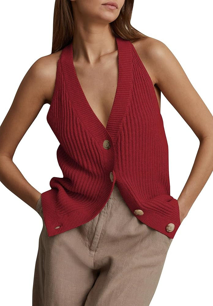 Women Sweater Vest Tops Sleeveless Button Down V Neck Knit Tank Top Slim Casual Cardigan Vest | Amazon (US)