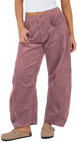 SeekMe Women's Corduroy Pants Barrel Mid-Rise Elastic Waist Cord Pants Casual Wide Leg Baggy Trou... | Amazon (US)