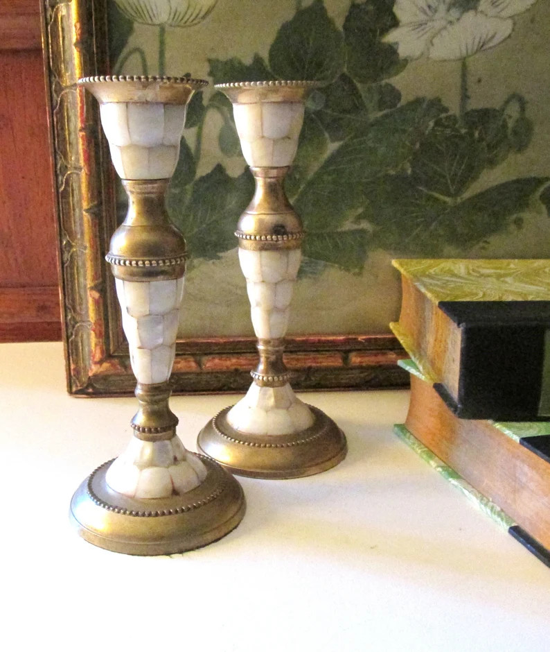 Vintage Pair Mother of Pearl and Brass Candlesticks, Boho Decor, Hollywood Regency | Etsy (US)
