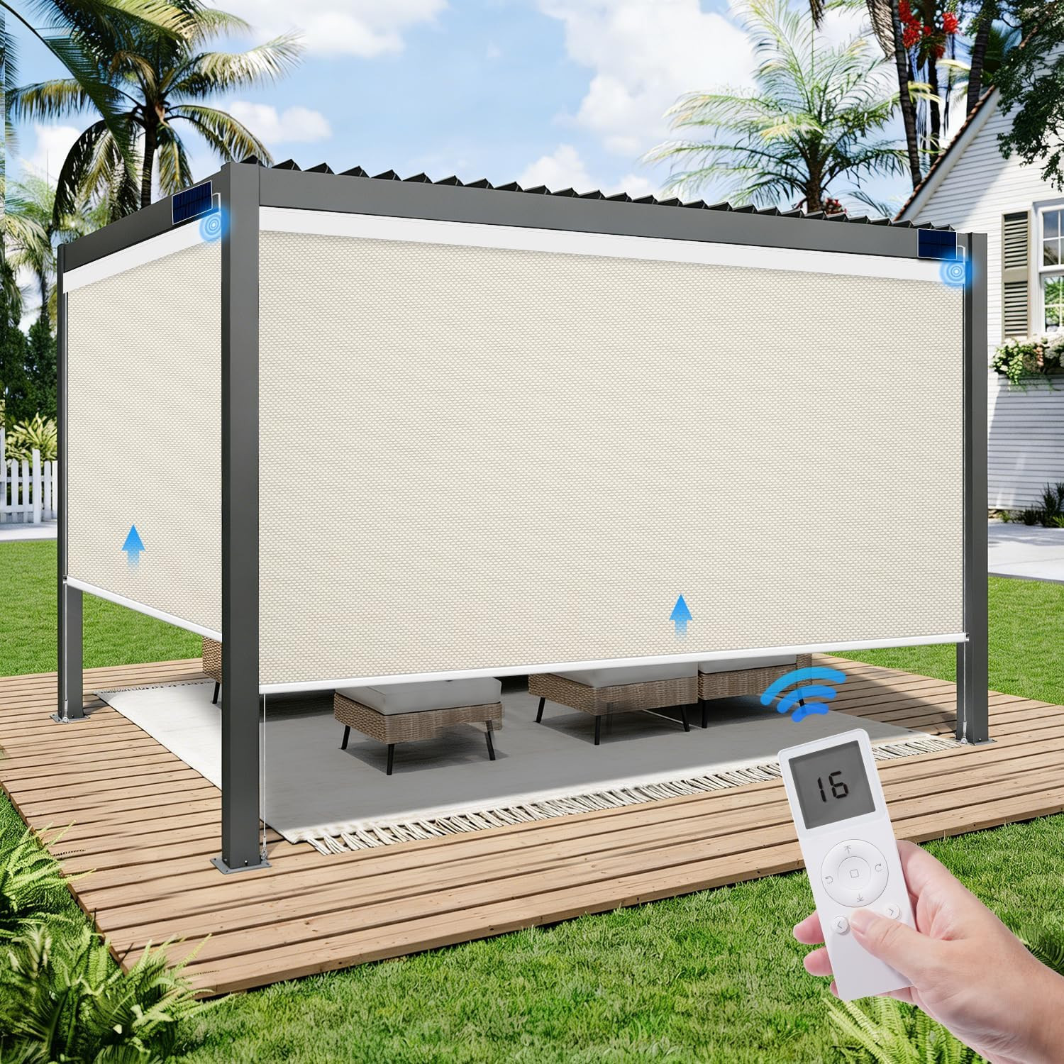 Motorized Outdoor Roller Shade, Blackout Solar Shade with Remote | Amazon (US)
