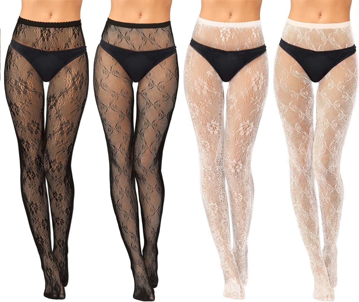 Jiuguva 4 Pack Women's Patterned Tights Fishnet Stockings Floral Pantyhose Stockings Leggings Lac... | Amazon (US)