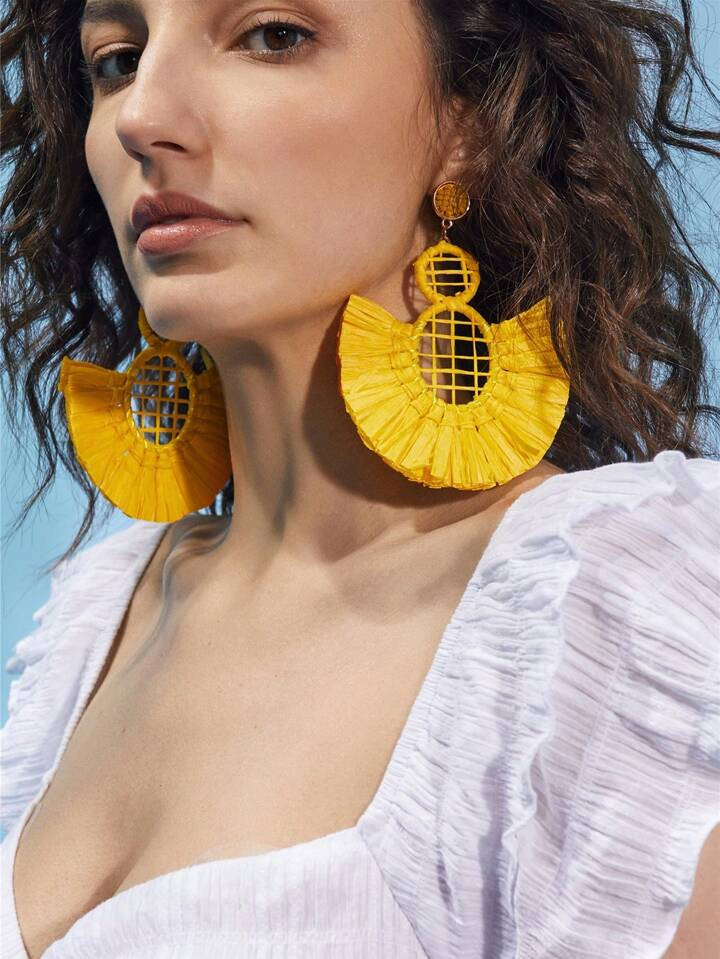 Juran 1 Pair Exaggerated Raffia Straw Earrings, Women's Vacation, Party, Dating Accessory Earrings | SHEIN