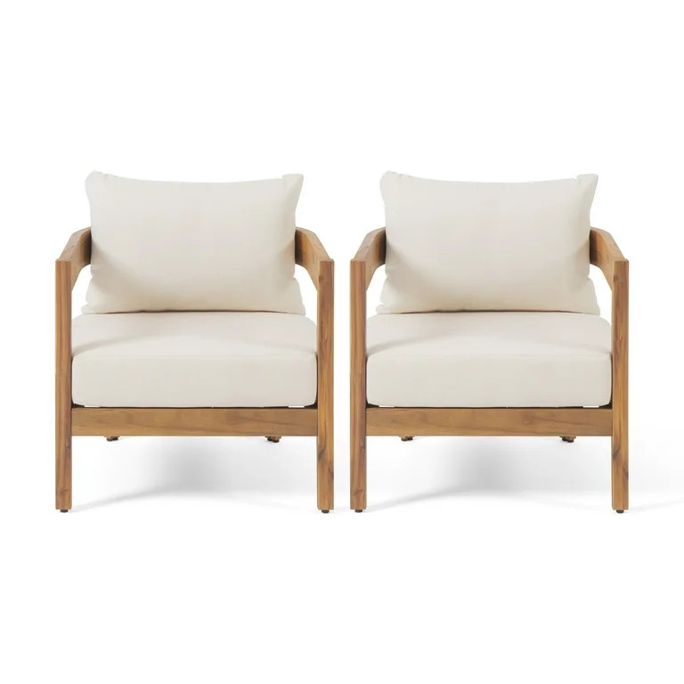Deandre Outdoor Acacia Wood Club Chair with Cushions, Set of 2, Teak, Beige | Walmart (US)