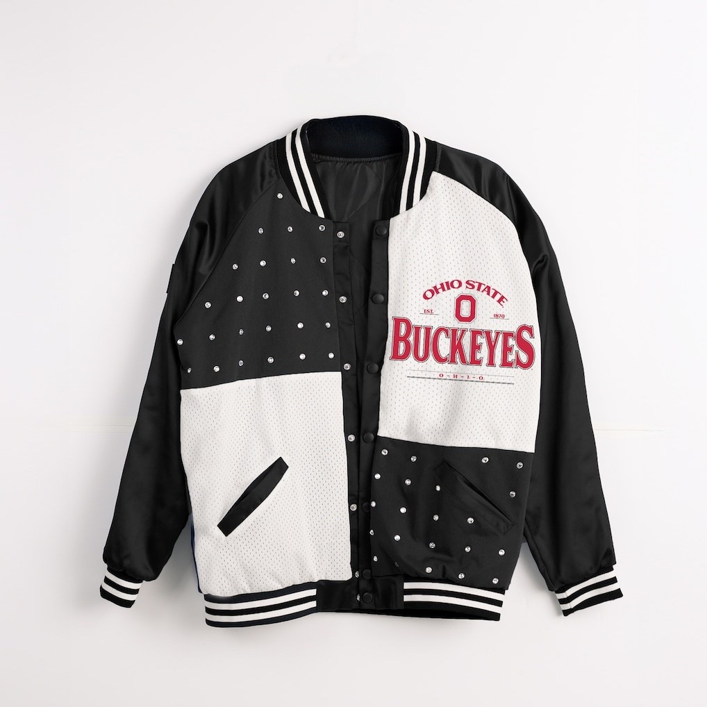 Cute Ohio State, patchwork, rhinestone, varsity bomber jacket. Ohio state buckeyes game day look for women 

#LTKActive #LTKOver40 #LTKGiftGuide